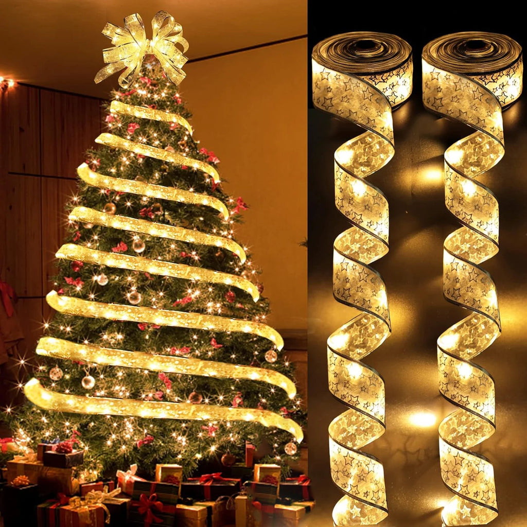 "LED Ribbon Bow Lights for Christmas Tree Decor"