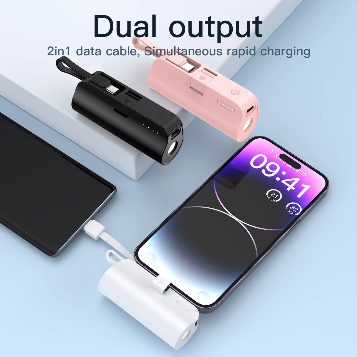 Power Bank 5000mAh with Built-In USB-C & Lightning Cables