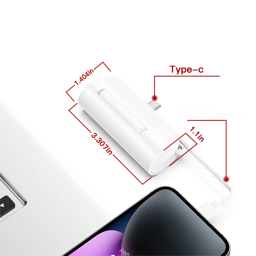 Power Bank 5000mAh with Built-In USB-C & Lightning Cables